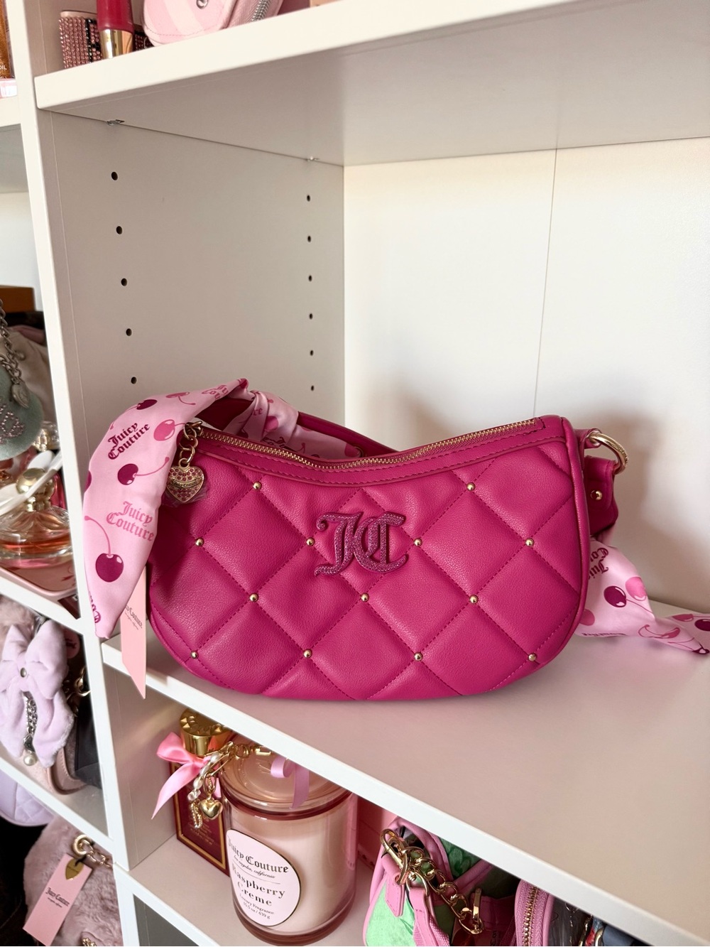 Juicy Couture “Holding The Line” Quilted Pink Shoulder Bag with Scarf Detail